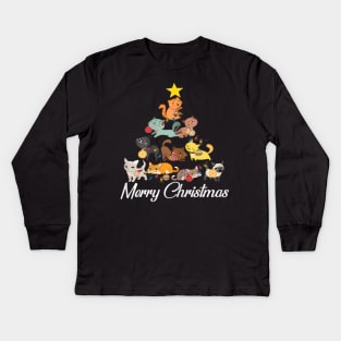 Xmas Noel Lights Star Presents Cats Tree Merry Christmas Kids Long Sleeve T-Shirt